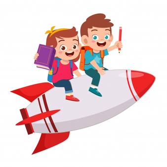 Happy cute kids boy and girl ride rocket | Premium Vector